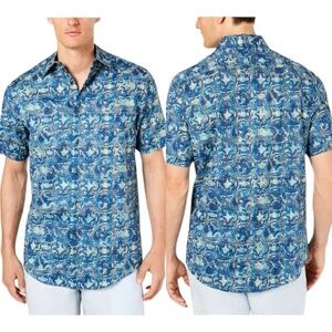 Tasso Elba Men's BLUE Short Sleeve Cotton Print Shirt Size L